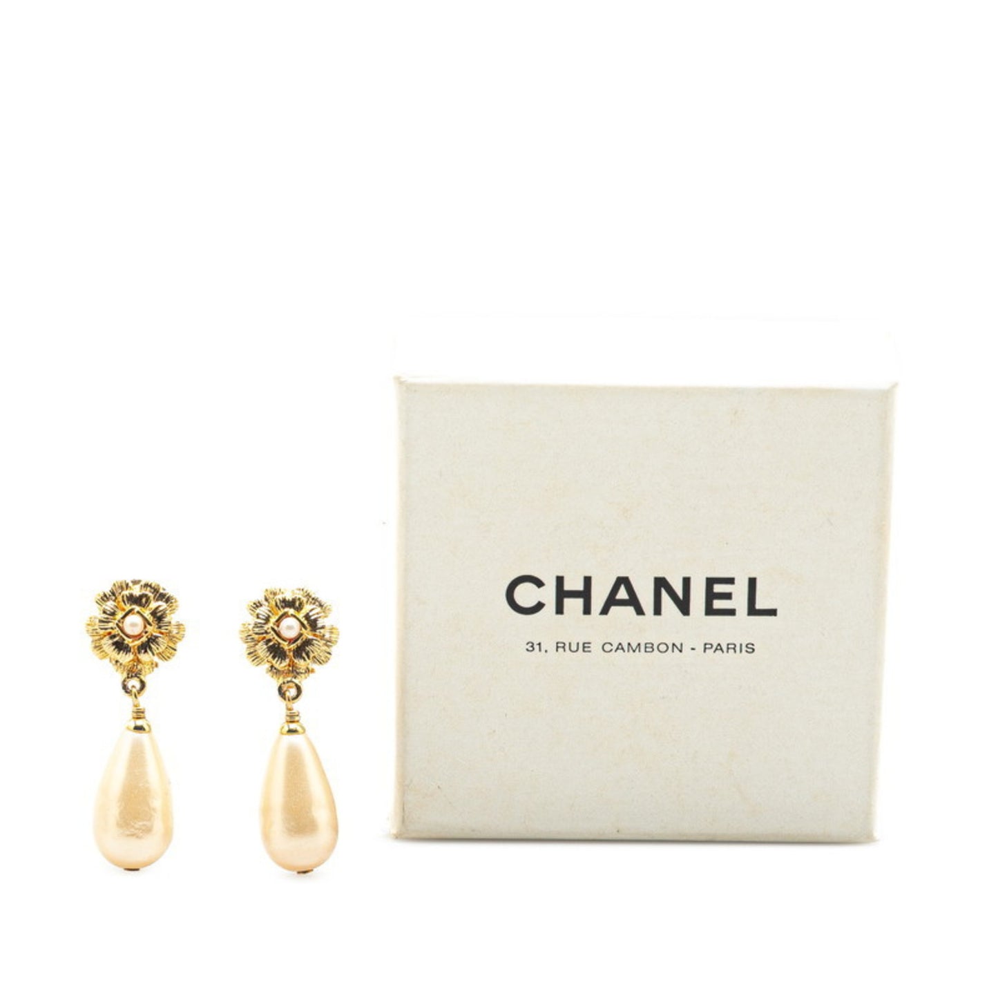 Vintage Chanel Camellia Flower Motif Faux Pearl Earrings
