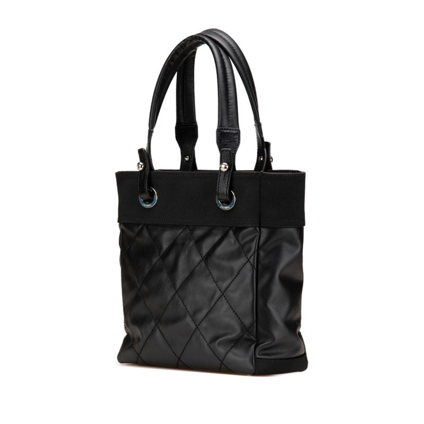 Chanel Paris Biarritz Tote Pm Bag Shoulder Black Leather Coated Canvas