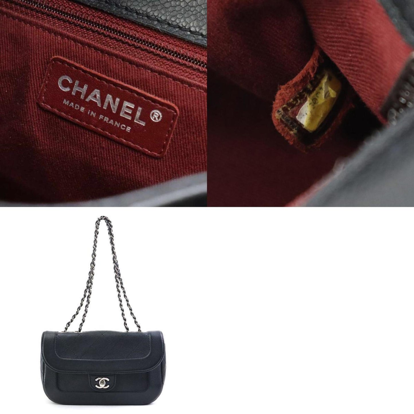 Chanel Shoulder Bag Caviar Skin Leather Black Silver