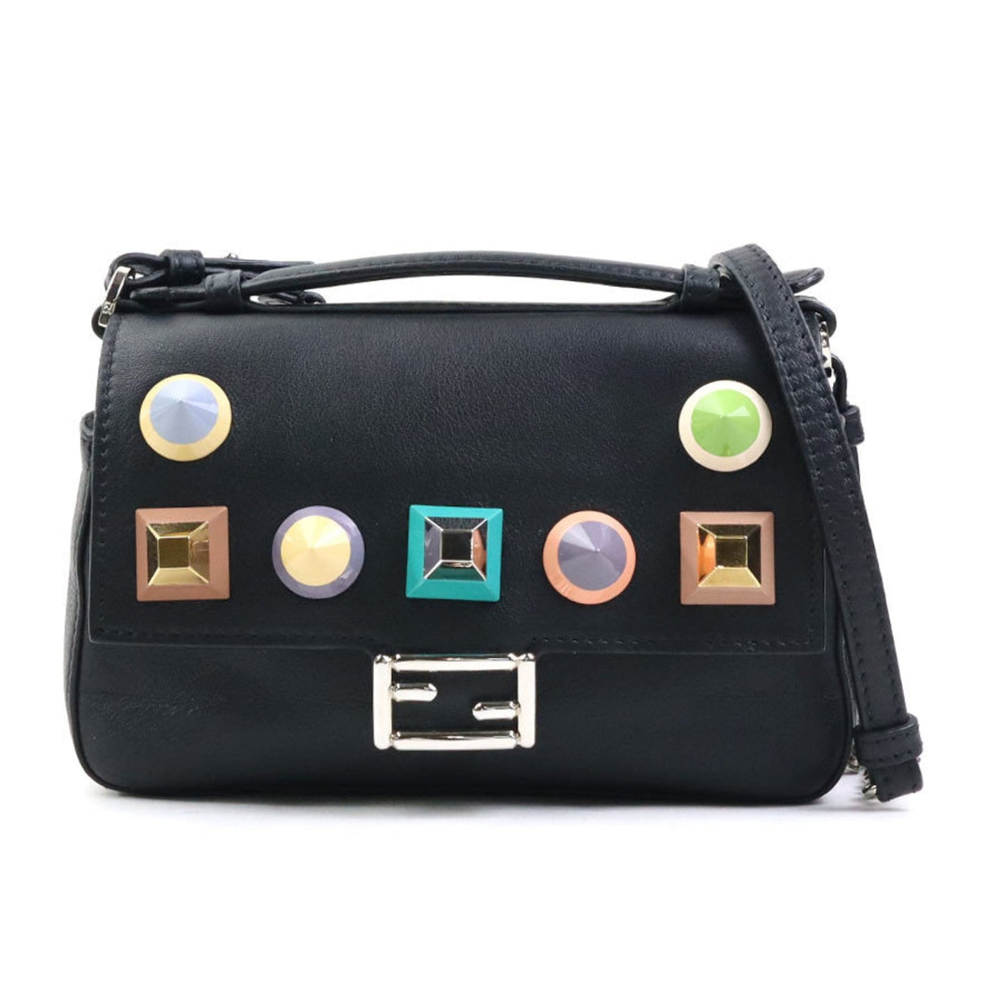Fendi Handbag Shoulder Bag Double Micro Baguette Leather Black Multicolor Silver