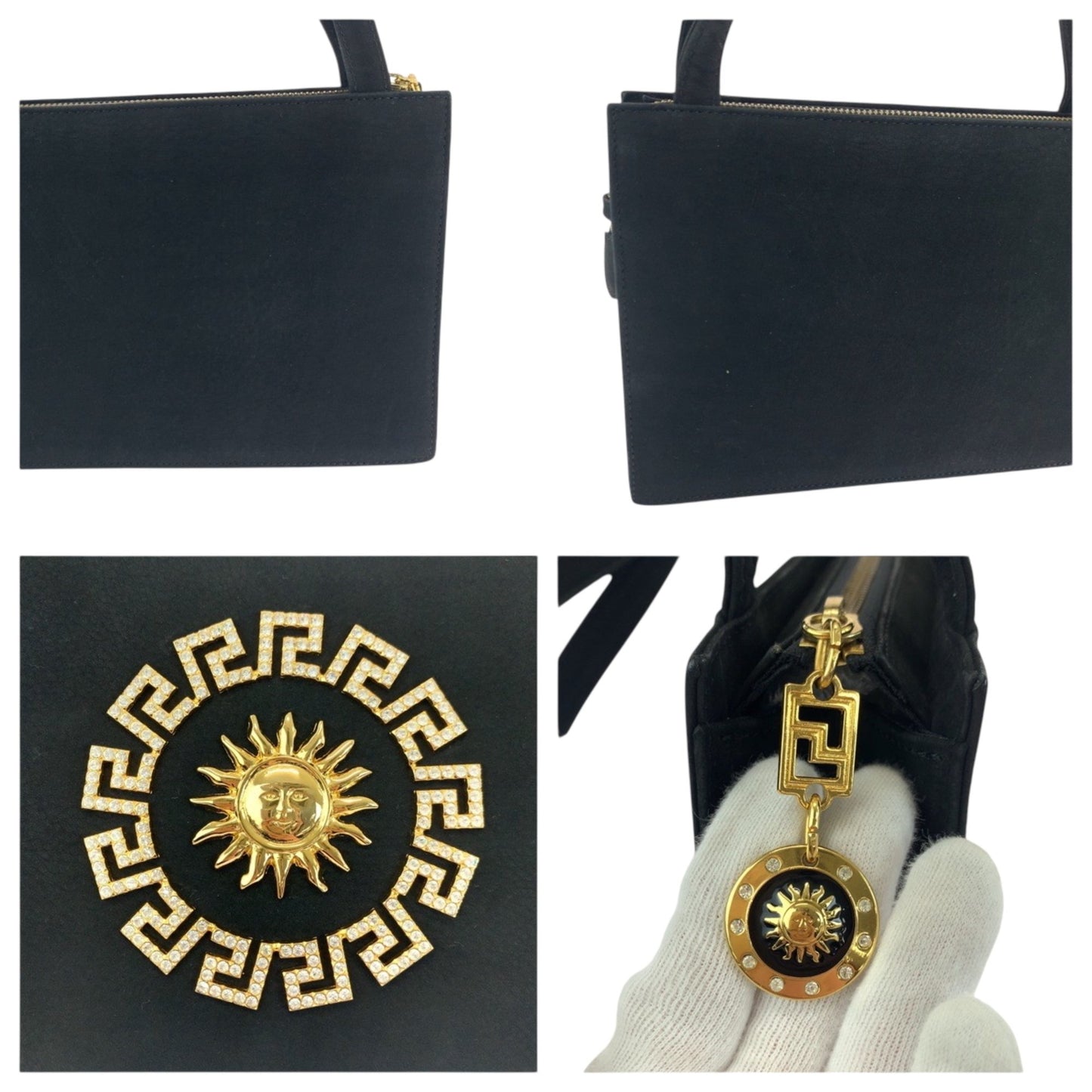 Gianni Versace Vintage Sunburst Black Suede Shoulder Bag With Gold Hardware