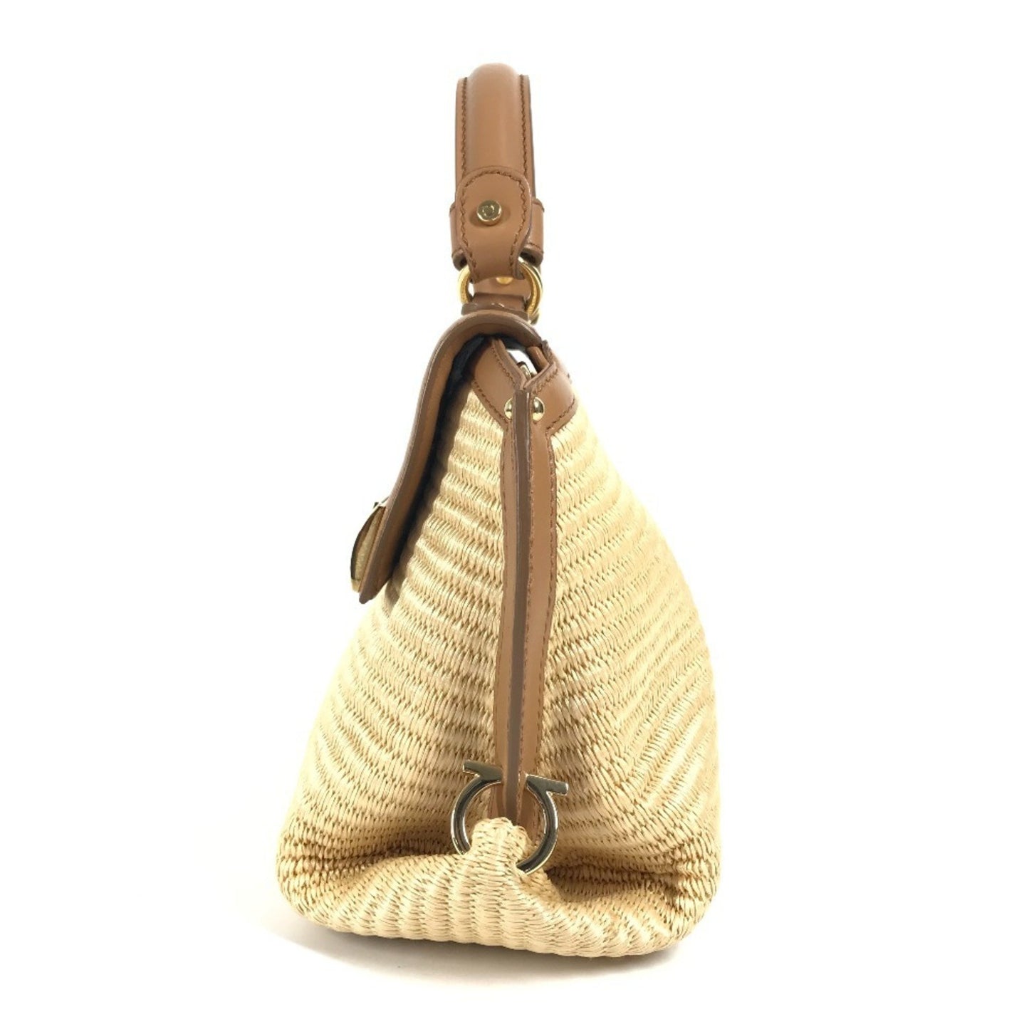 Salvatore Ferragamo Gancini Logo Sofia 2Way Bag Shoulder Crossbody Handbag Straw Leather