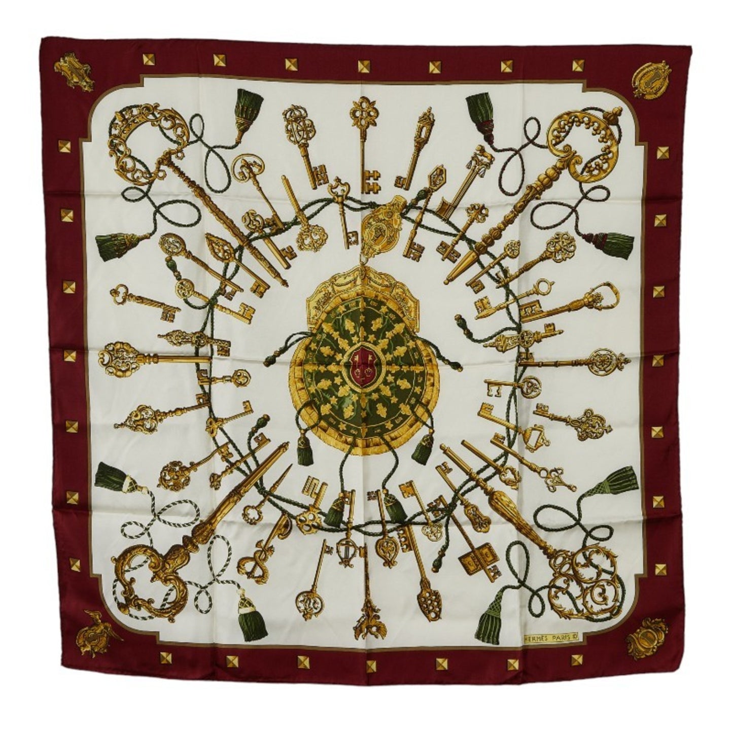 Hermes Carre 90 Les Cles The Keys Rare Key Pattern Scarf Muffler Red Multicolor Silk