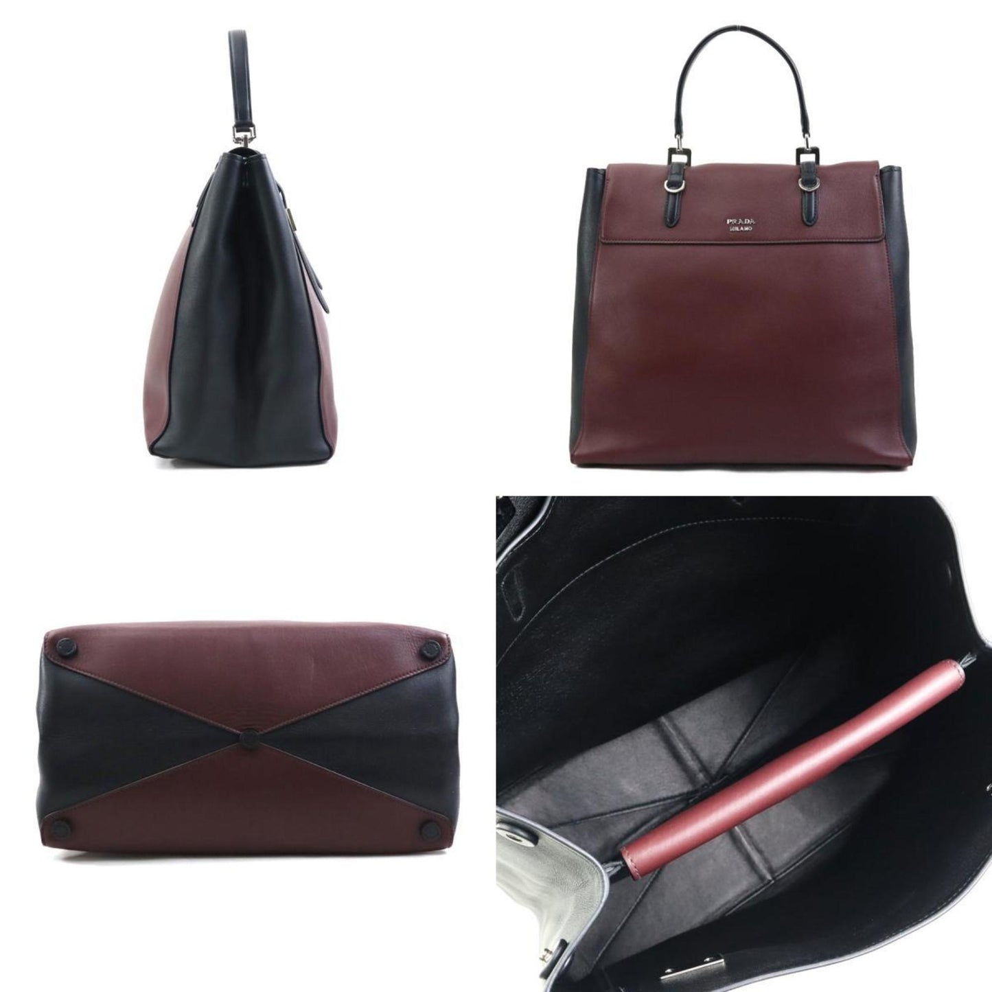 Prada Handbag Shoulder Bag Leather Burgundy Black Silver