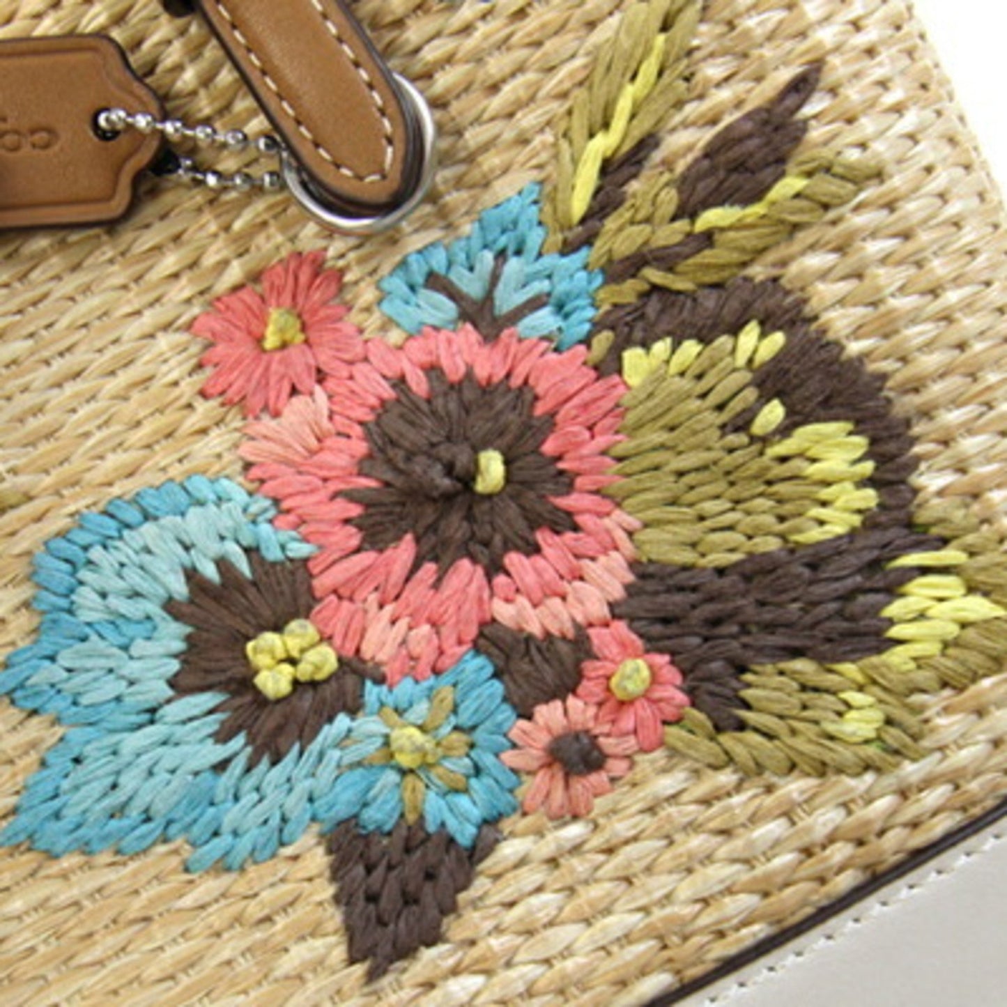 Coach Mori Tote 25 Handbag Cj574 Natural Ivory Brown Straw Leather Shoulder Bag Basket Floral Mini