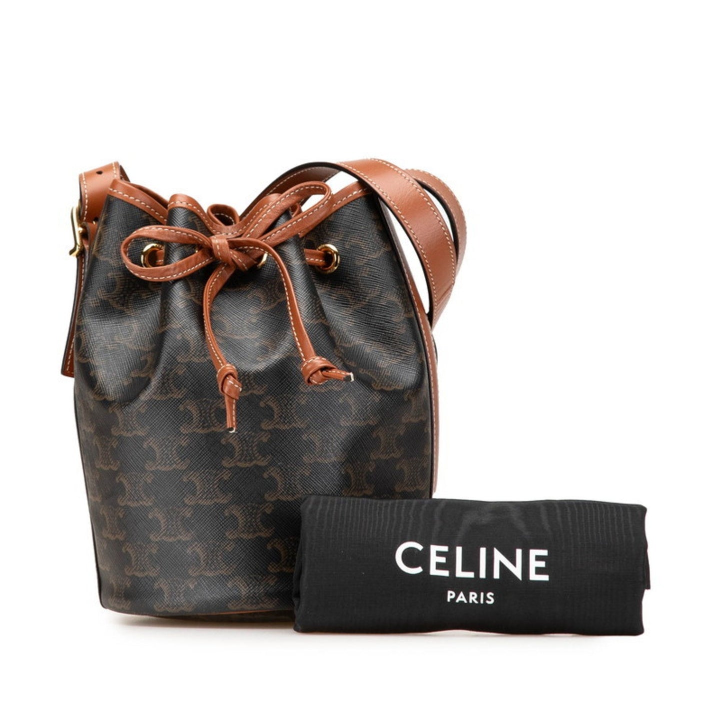 Celine Triomphe Small Drawstring Crossbody Shoulder Bag In Brown Leather