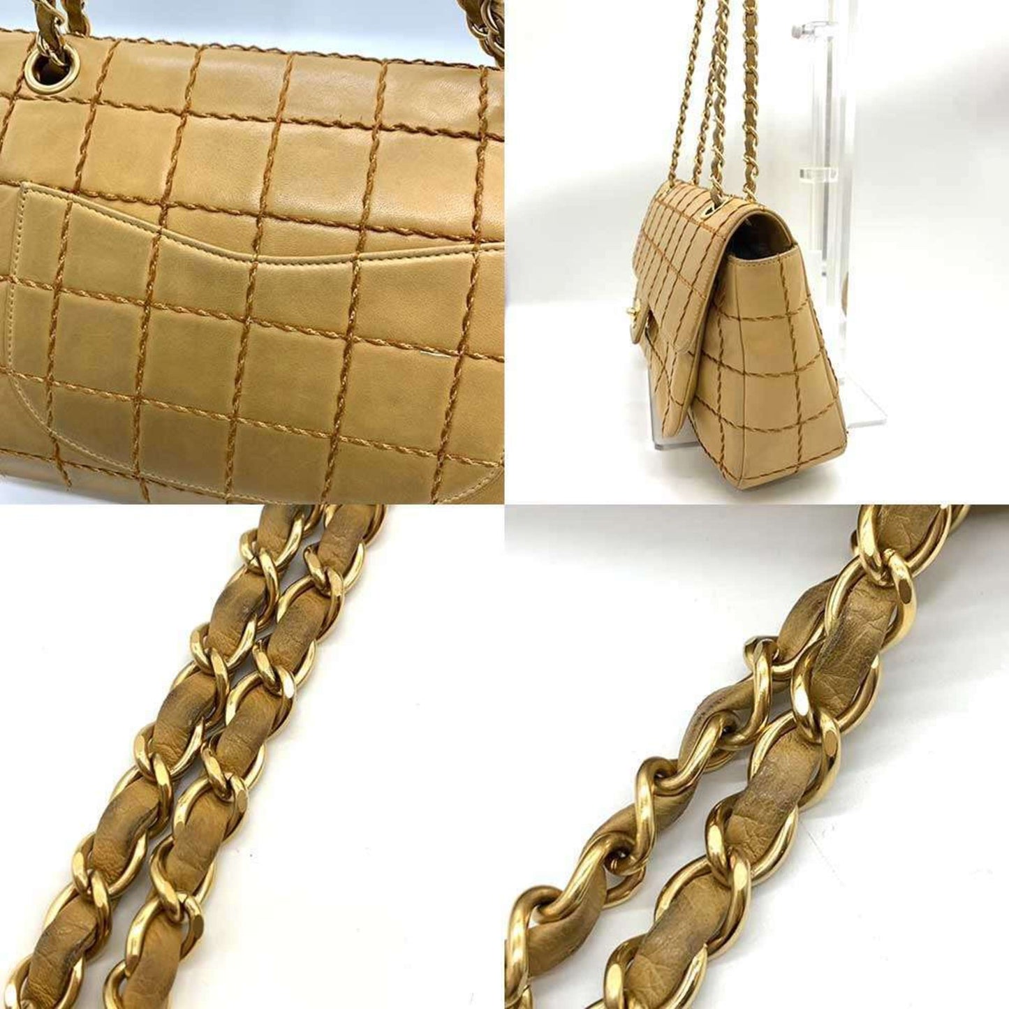 Chanel Wild Stitch Chocolate Bar Chain Shoulder Lambskin Bag Beige