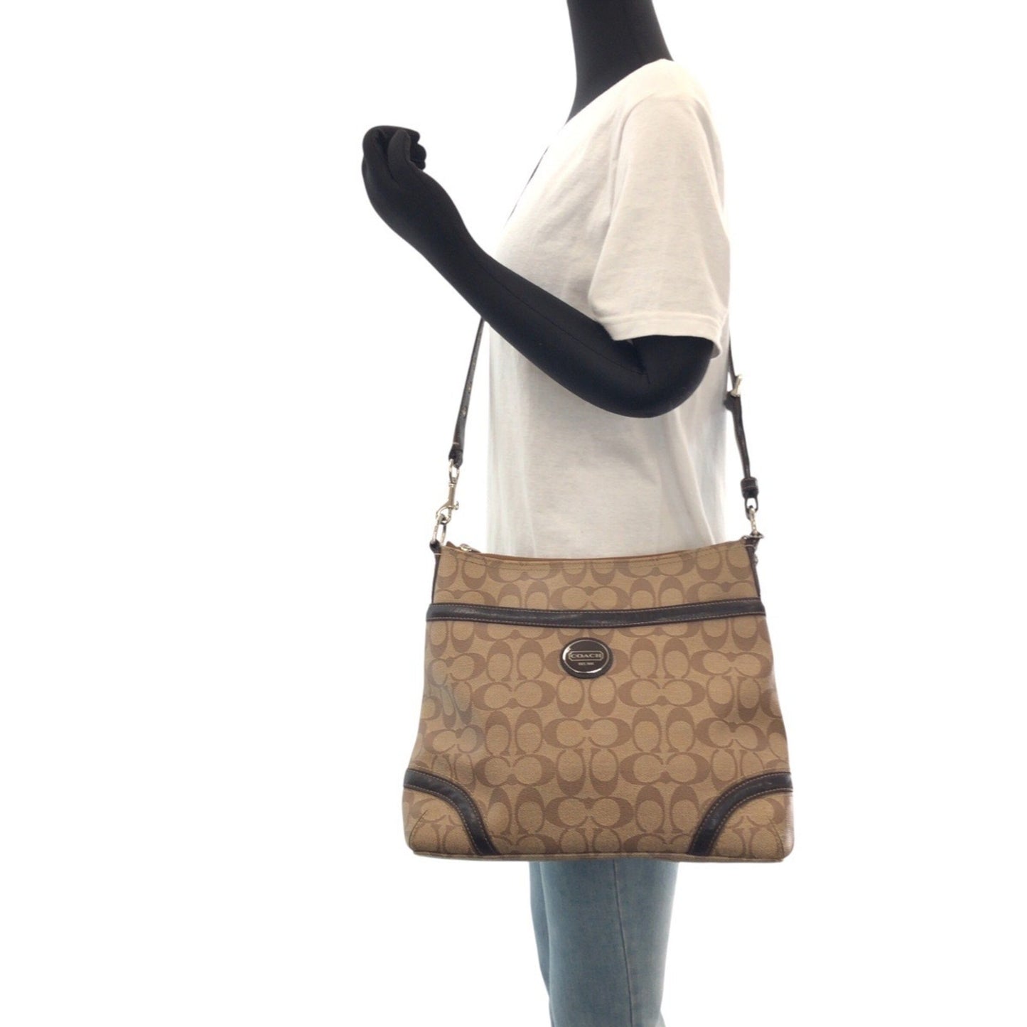 Coach Signature Brown Silver Hardware Leather Shoulder Bag Pochette