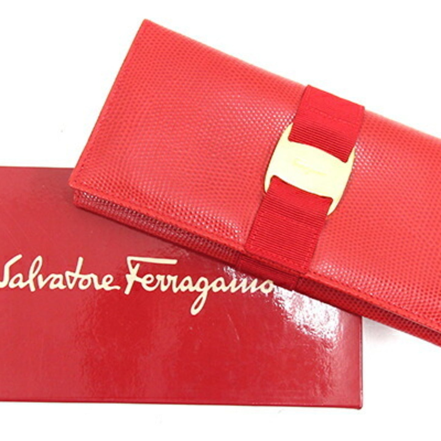 Salvatore Ferragamo Vara 22 3059 Bi-Fold Long Wallet Red Leather Ribbon
