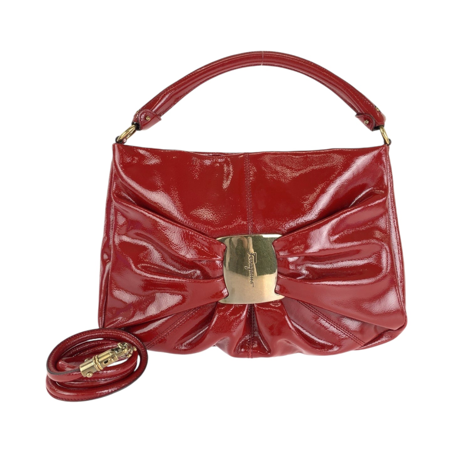 Salvatore Ferragamo Vara Red Gold Hardware Patent Leather Hobo Shoulder Bag Handbag 2Way