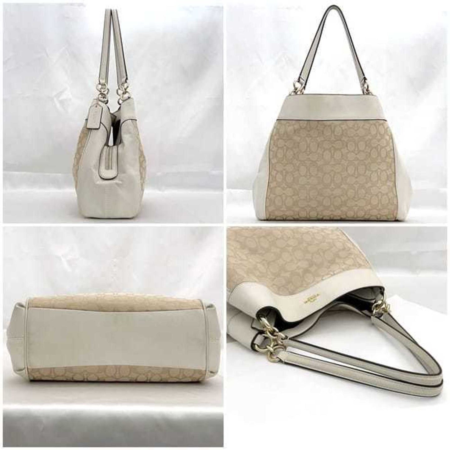 Coach Tote Bag Ec-23009 White Cream Signature F27579 Leather Canvas Coach Genuine
