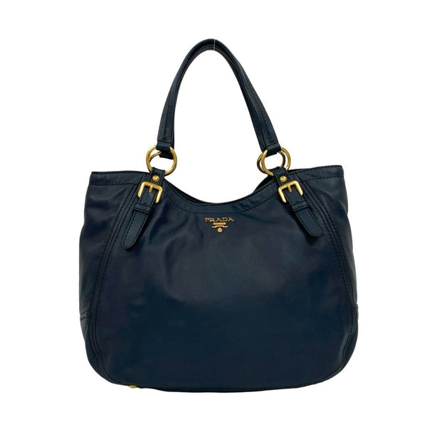 Prada Prada Gold Logo Hardware Leather Genuine Tote Bag Handbag Semi-Shoulder Navy Blue 33-10