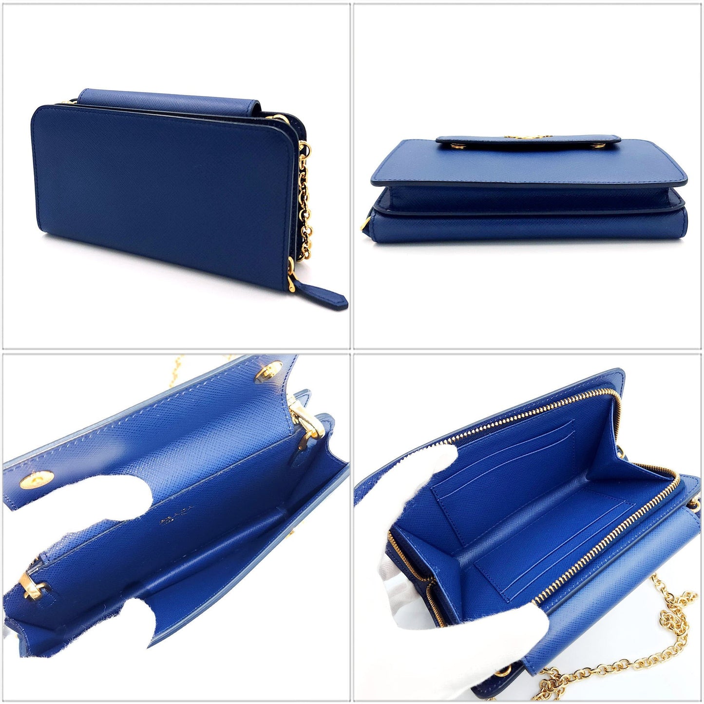 Prada Chain Wallet 1Zh048 Blue Saffiano Leather Long Shoulder