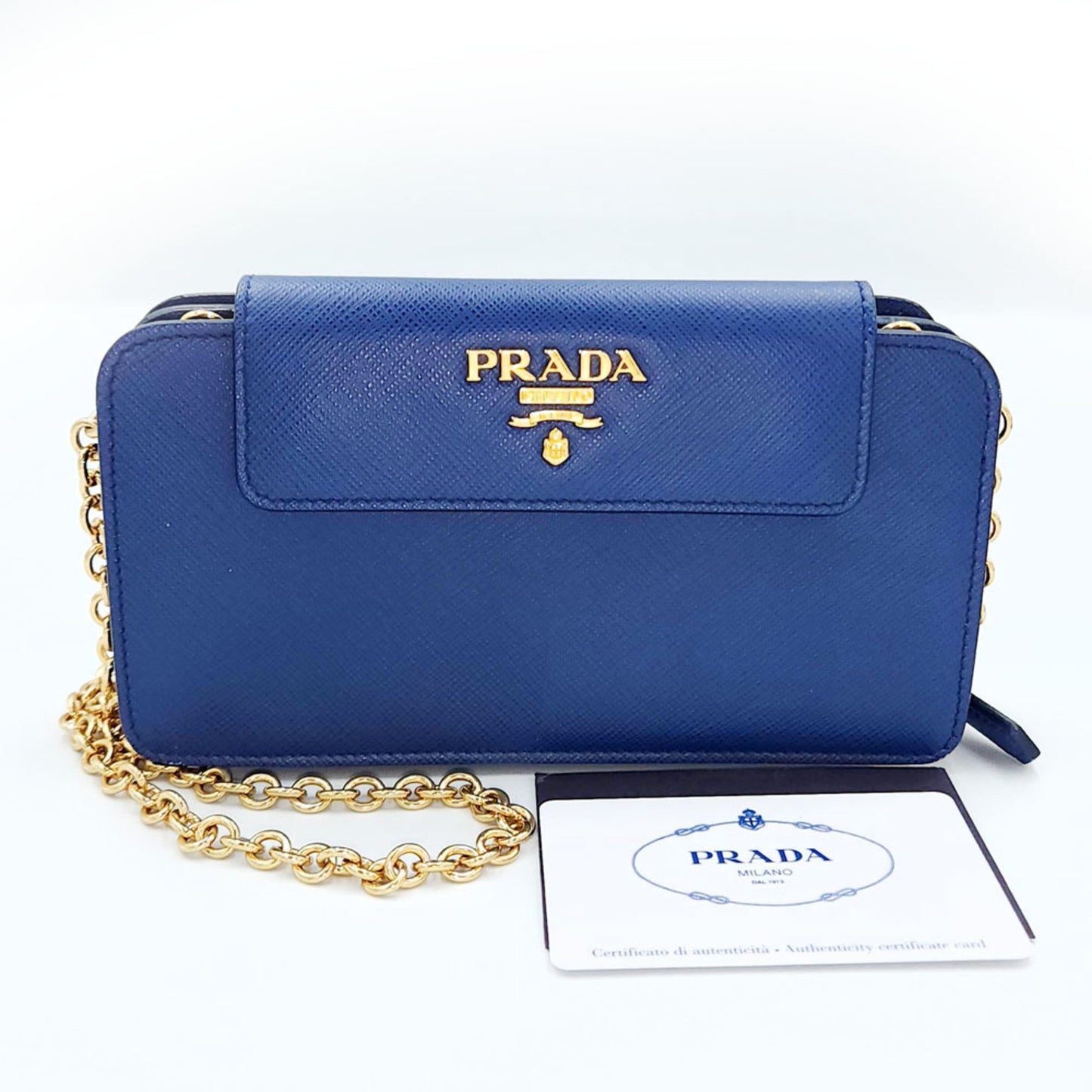 Prada Chain Wallet 1Zh048 Blue Saffiano Leather Long Shoulder