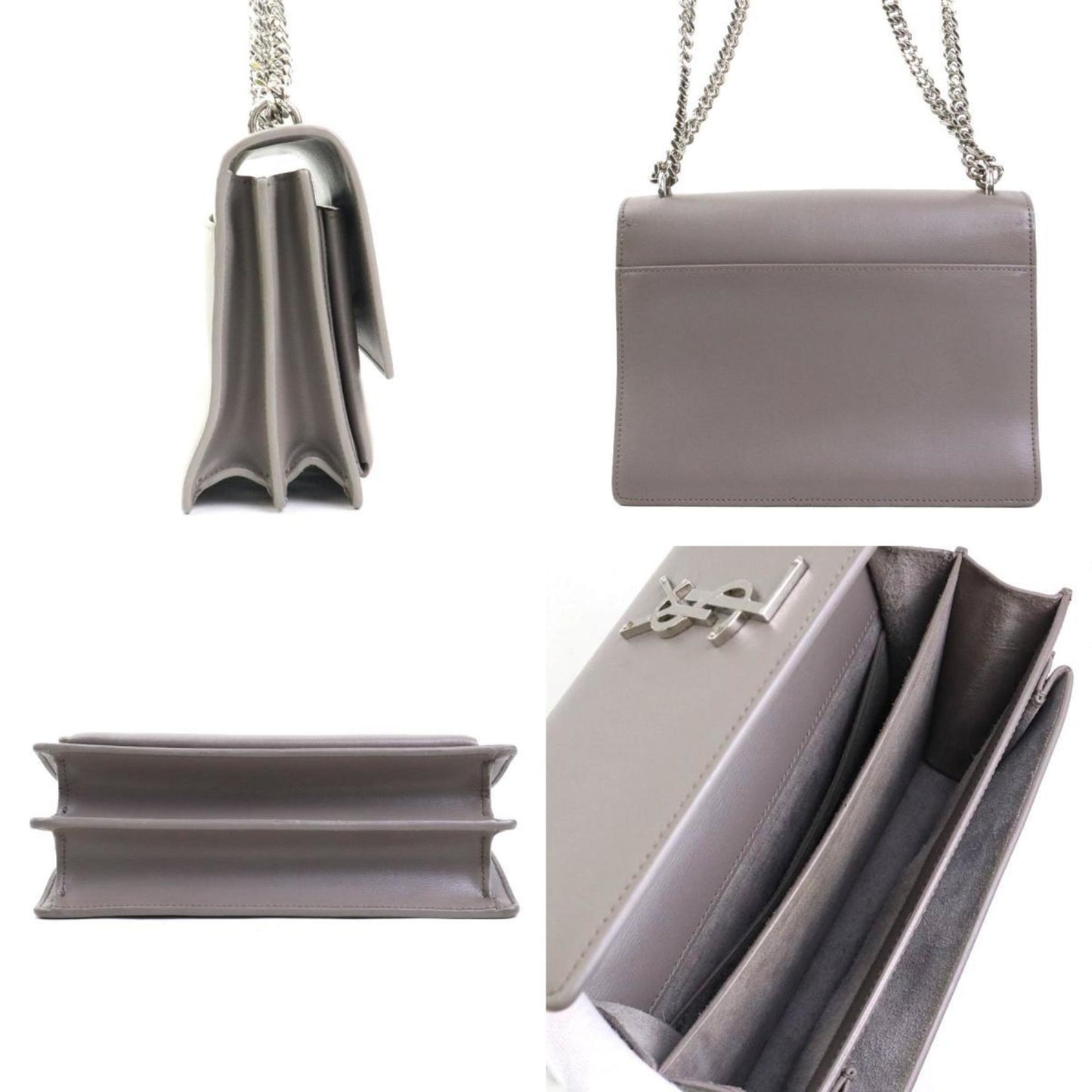 Saint Laurent Shoulder Bag Leather Metal Grey Silver