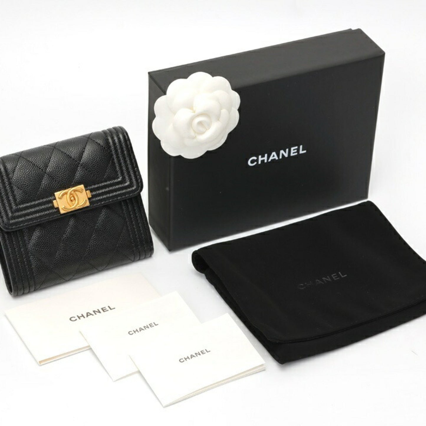 Chanel Boy Chanel Tri-Fold Wallet Compact A80743 Caviar Skin Black S-157722
