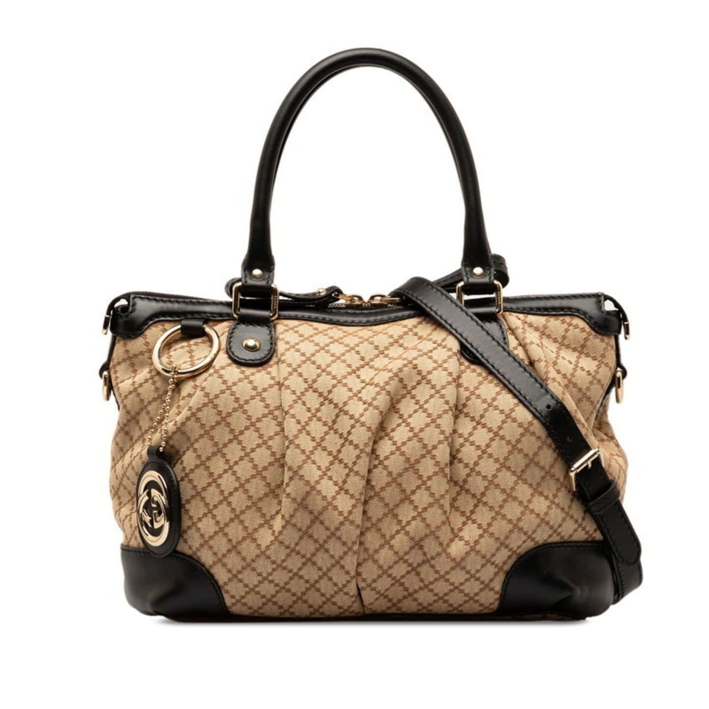 Gucci Diamante Sukey Handbag Shoulder Bag 247902 Beige Black Canvas Leather