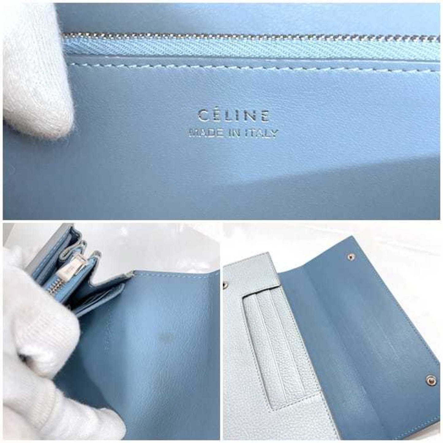 Celine Bifold Long Wallet Large Flap Multi-Function Light Blue 101673Au8 05Fr Leather Grain