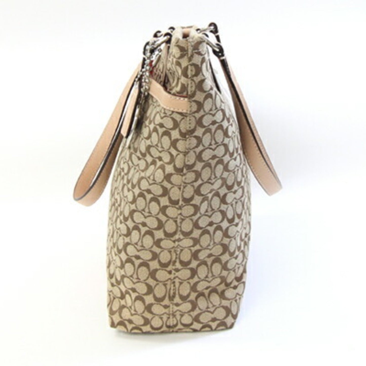 Coach Mini Signature Stripe File Tote Bag F27008 Khaki Beige Canvas Leather Shoulder