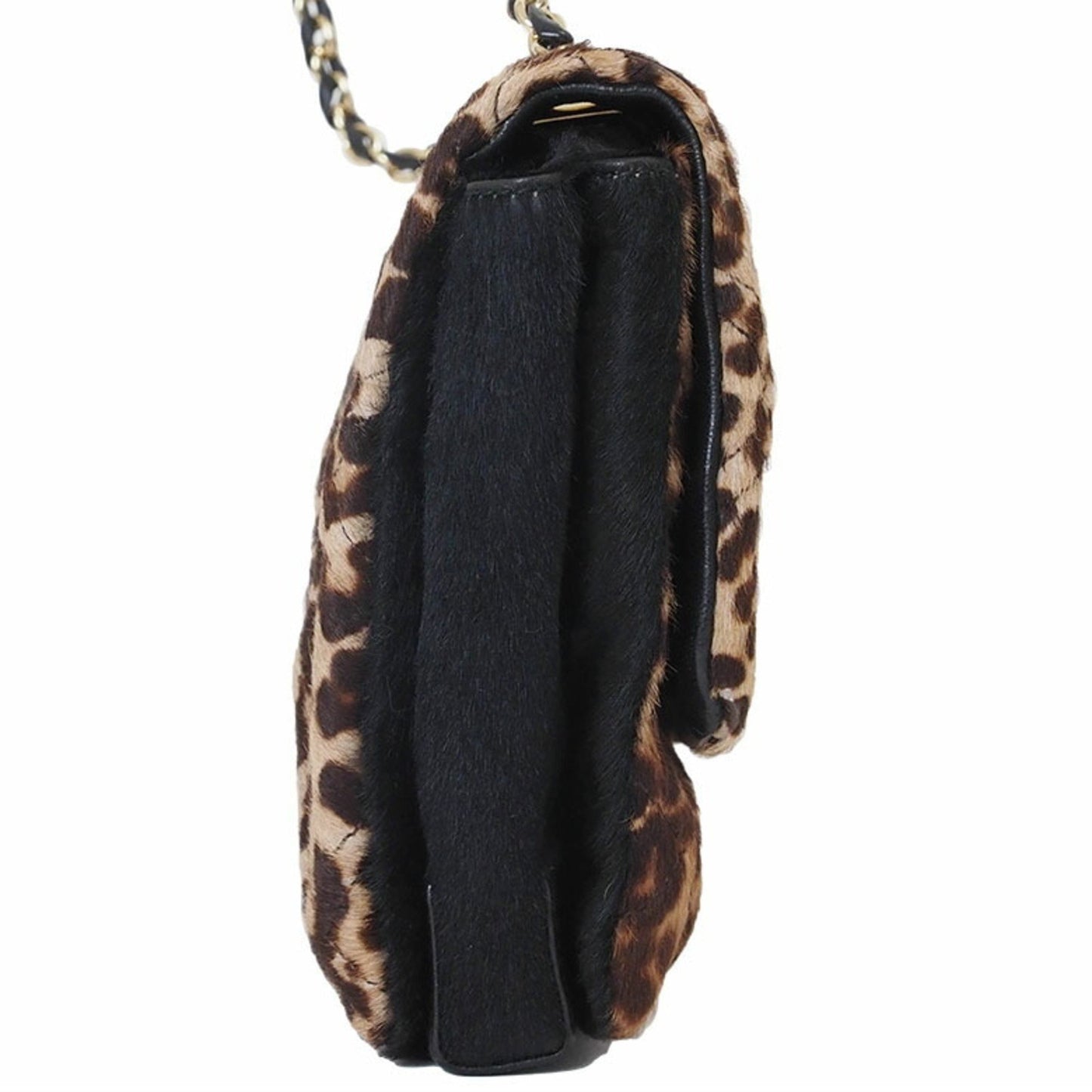 Salvatore Ferragamo Pony Leopard Print Vara Ribbon Chain Shoulder Bag Brown Au-21/E767