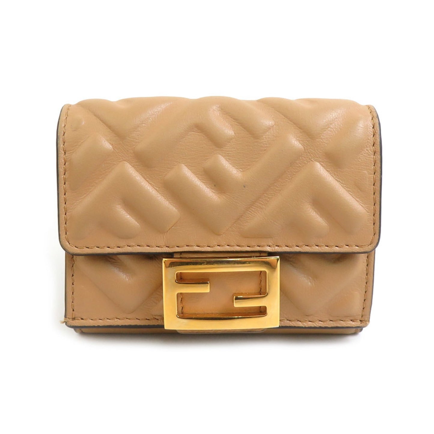 Fendi Tri-Fold Wallet Baguette Micro Leather Beige