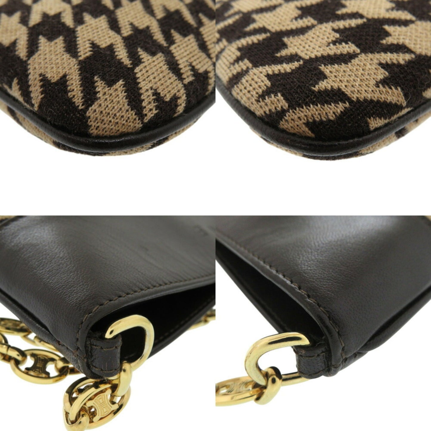 Celine Triomphe Chain Houndstooth Fabric Leather Beige Bag 0421Celine