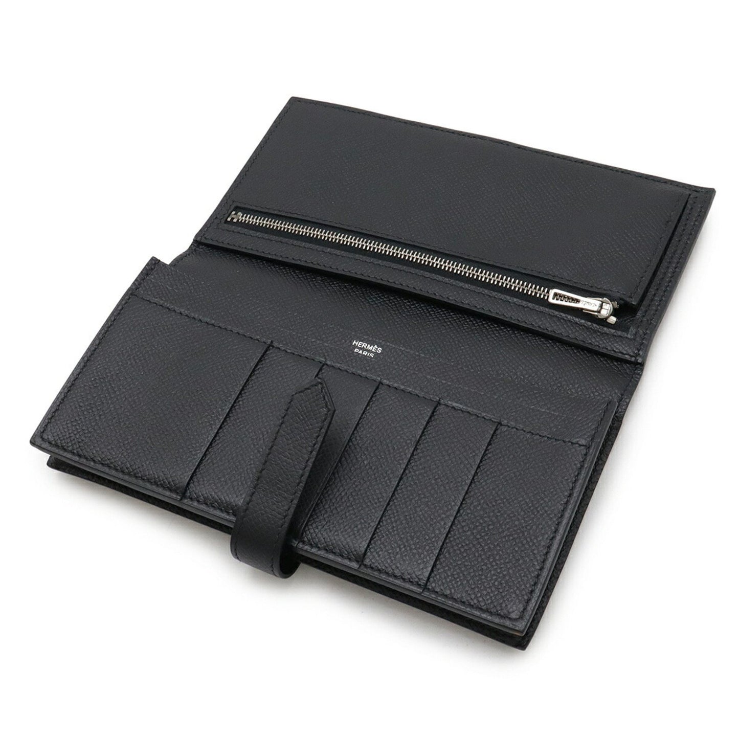 Hermes Bearn Soufflet Bi-Fold Long Wallet Veau Epsom Leather Black T Stamp