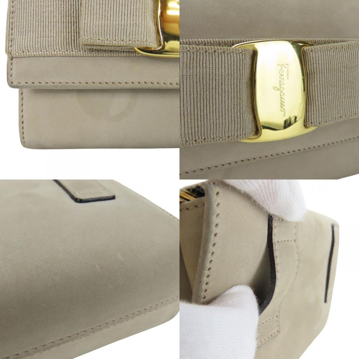 Salvatore Ferragamo Shoulder Bag Aq213202 Vara Ribbon Chain Mini Pochette Suede Greige Waist Pouch