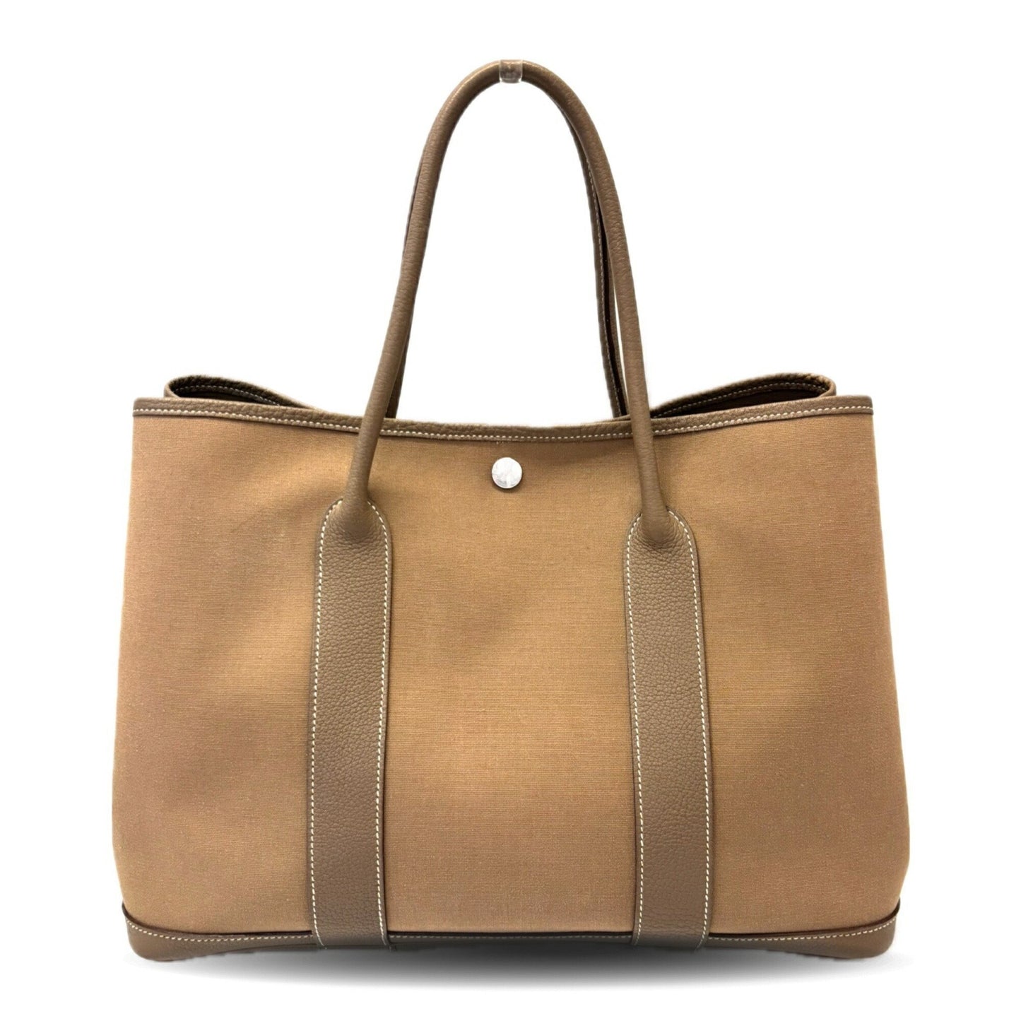 Hermes Garden Pm Toile Officier X Leather Etoupe Handbag Beige