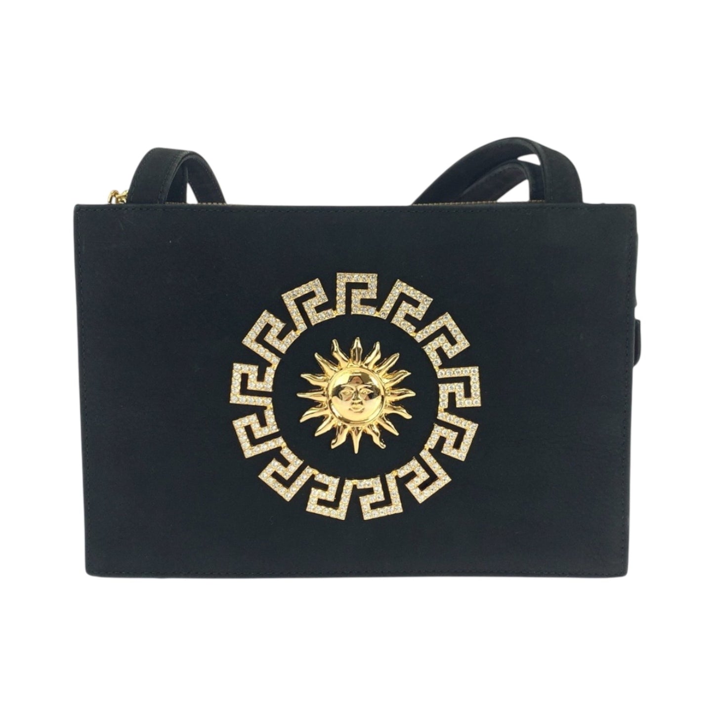 Gianni Versace Vintage Sunburst Black Suede Shoulder Bag With Gold Hardware