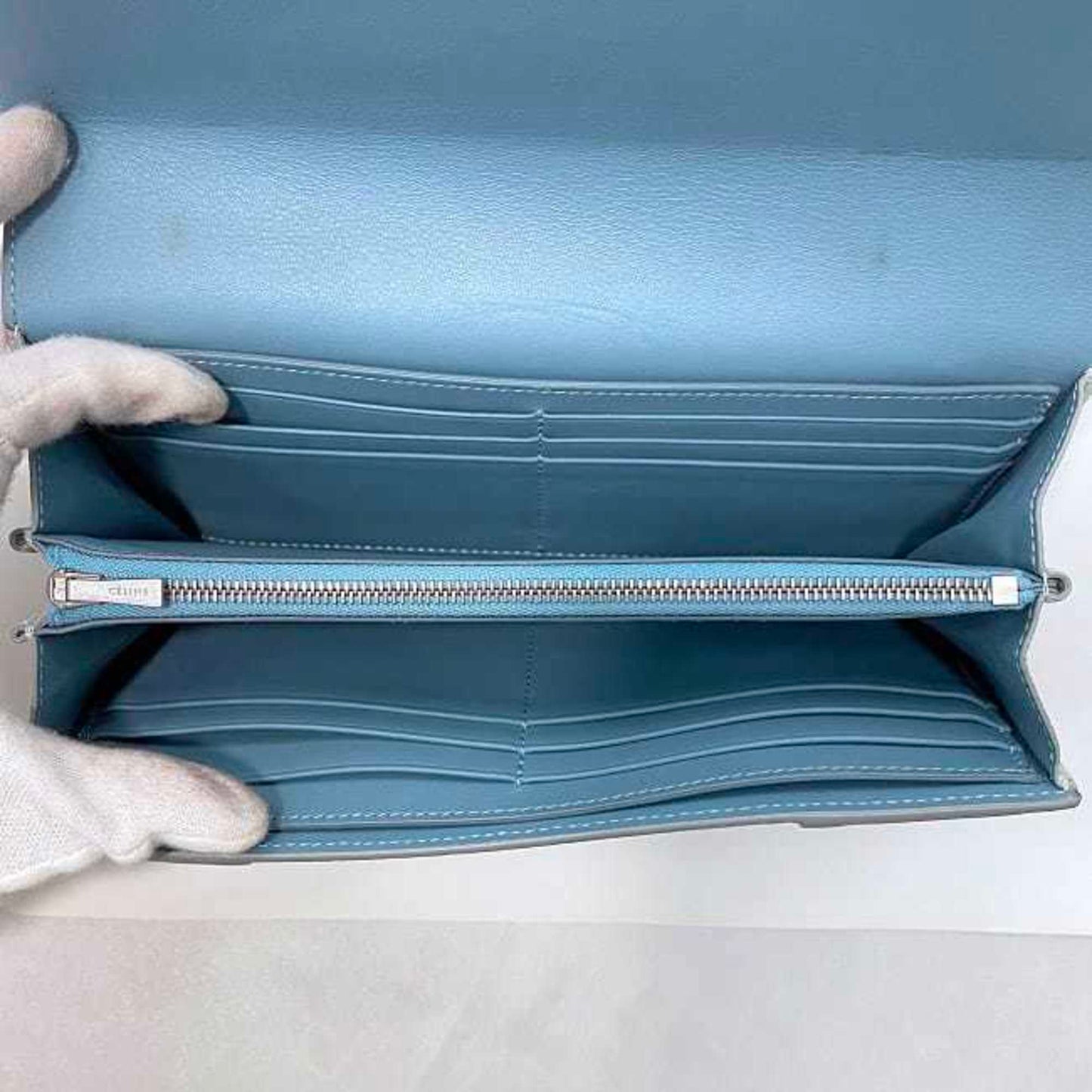 Celine Bifold Long Wallet Large Flap Multi-Function Light Blue 101673Au8 05Fr Leather Grain