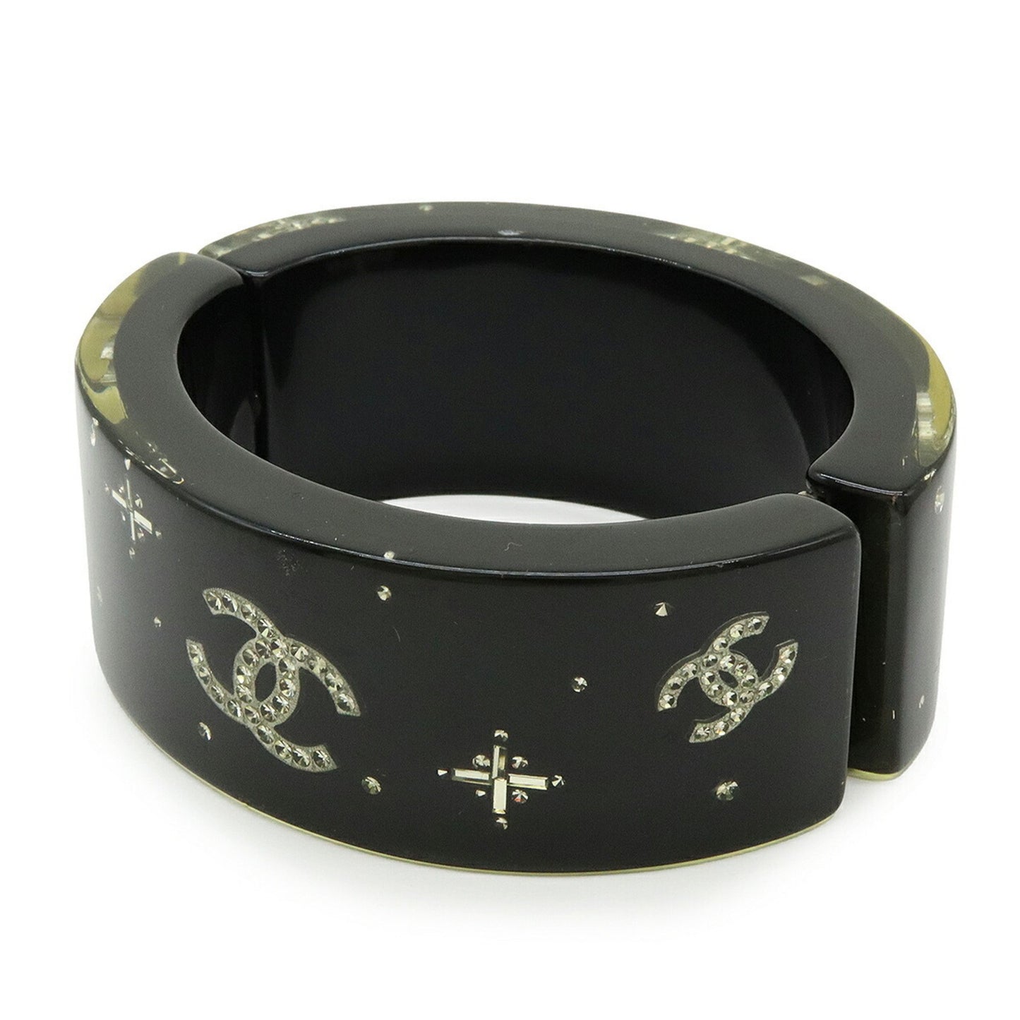 Chanel Bangle Bracelet Coco Mark Rhinestone Resin Black 07 A