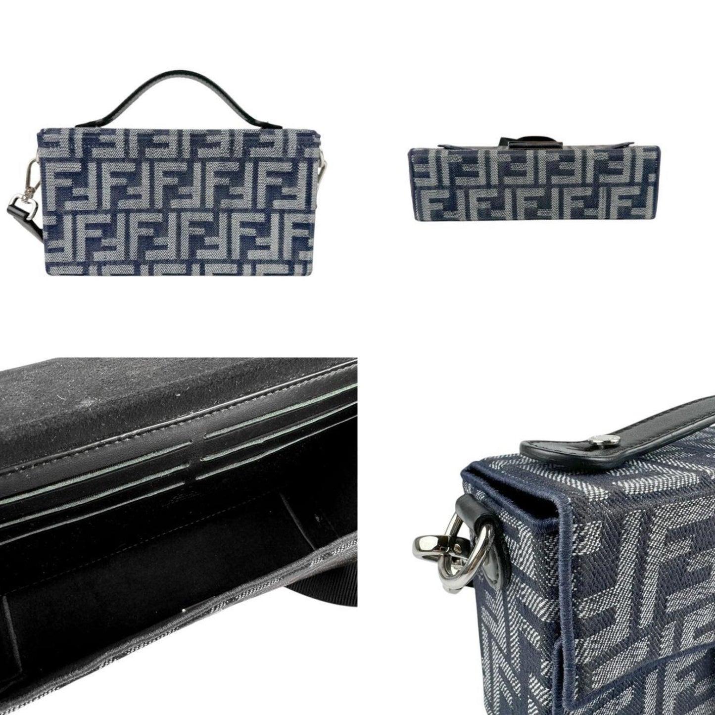 Fendi Shoulder Bag Handbag Baguette Soft Trunk Canvas Navy Silver