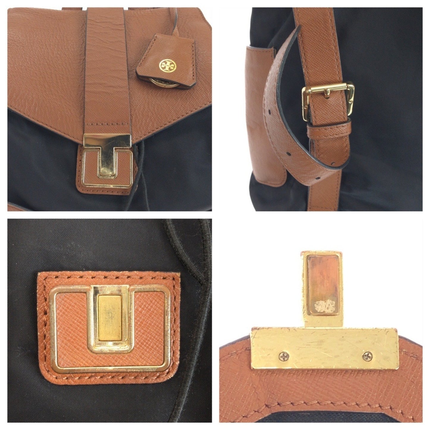 Tory Burch Black Brown Gold Hardware Nylon Leather Hst036 0913 Backpack