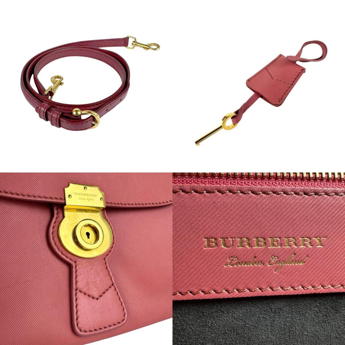 Burberry Handbag Shoulder Bag Leather Pink Burgundy Gold
