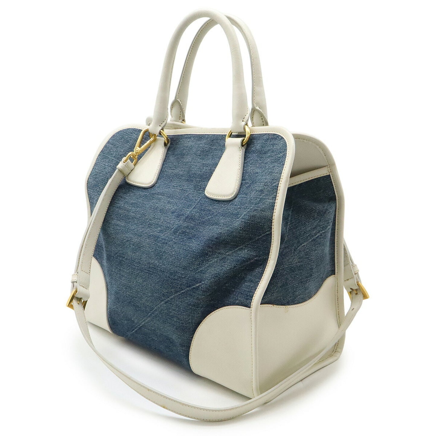 Prada Prada Triangle Handbag Tote Bag Shoulder Denim Leather Blue White Bn2254