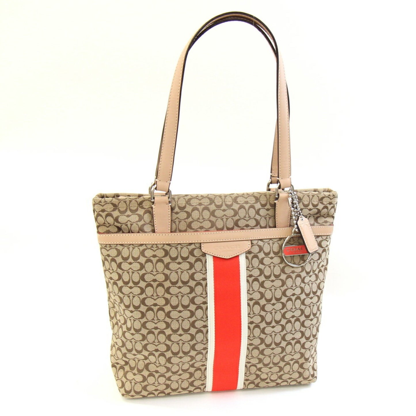 Coach Mini Signature Stripe File Tote Bag F27008 Khaki Beige Canvas Leather Shoulder