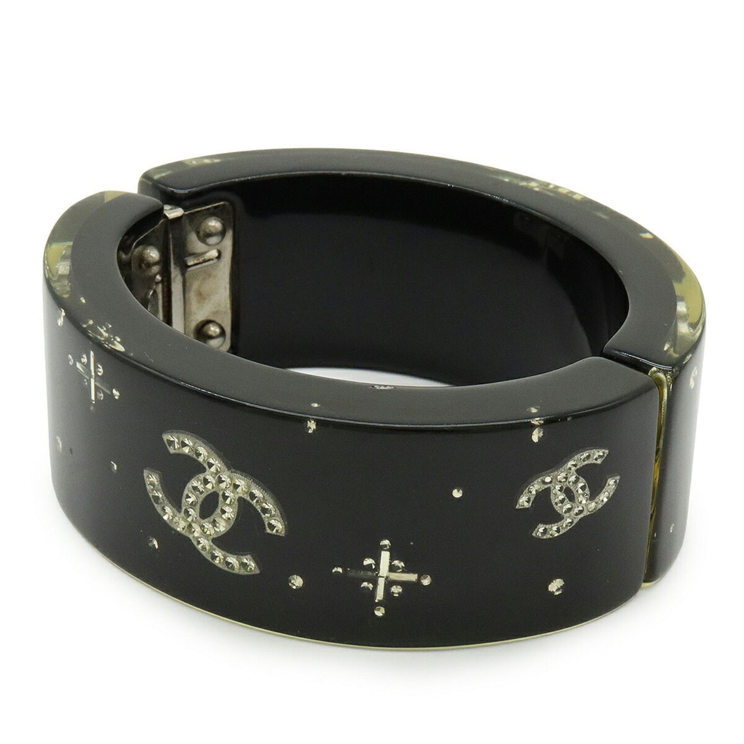 Chanel Bangle Bracelet Coco Mark Rhinestone Resin Black 07 A