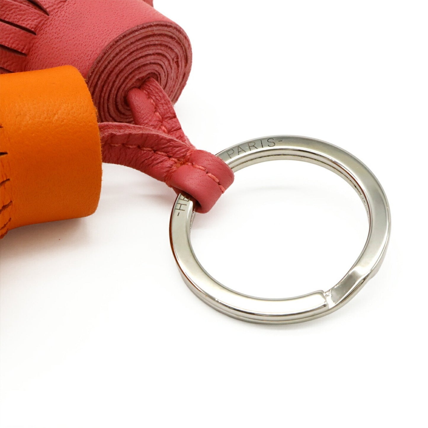 Hermes Carmen Unodos Key Ring Keychain Tassel Charm Annu Milo Leather Orange Pink