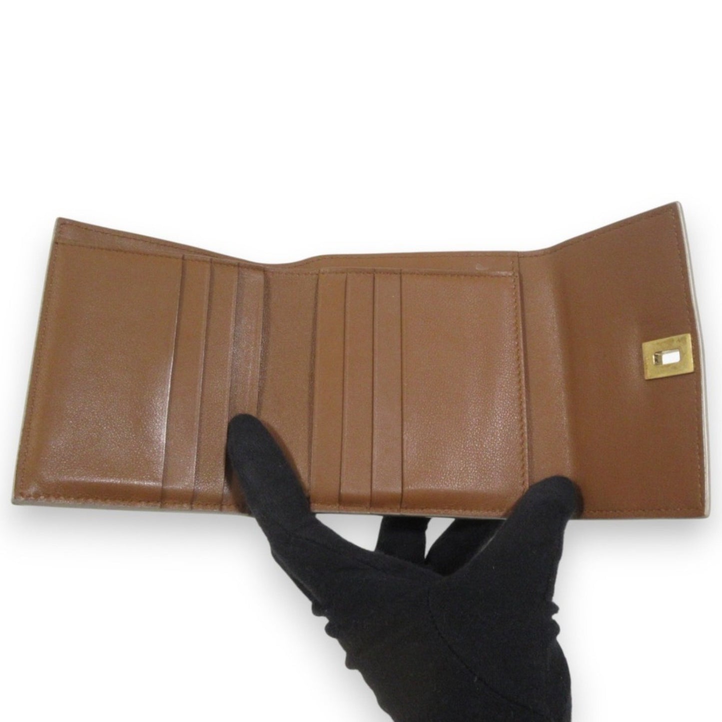 Bottega Veneta Palmellato Leather Tri-Fold Wallet Compact Ivory X Gold Hardware