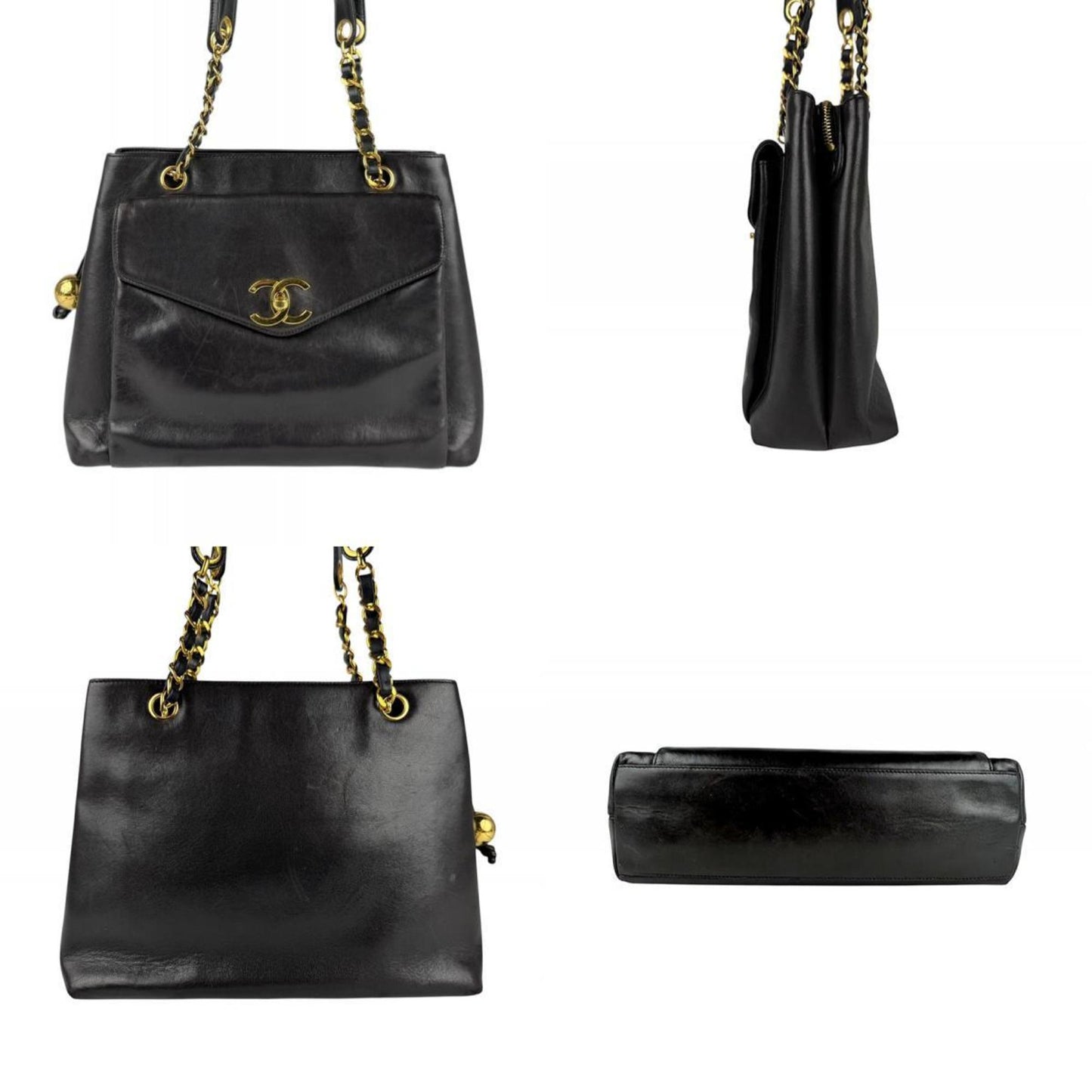 Chanel Shoulder Bag Leather Metal Black Gold