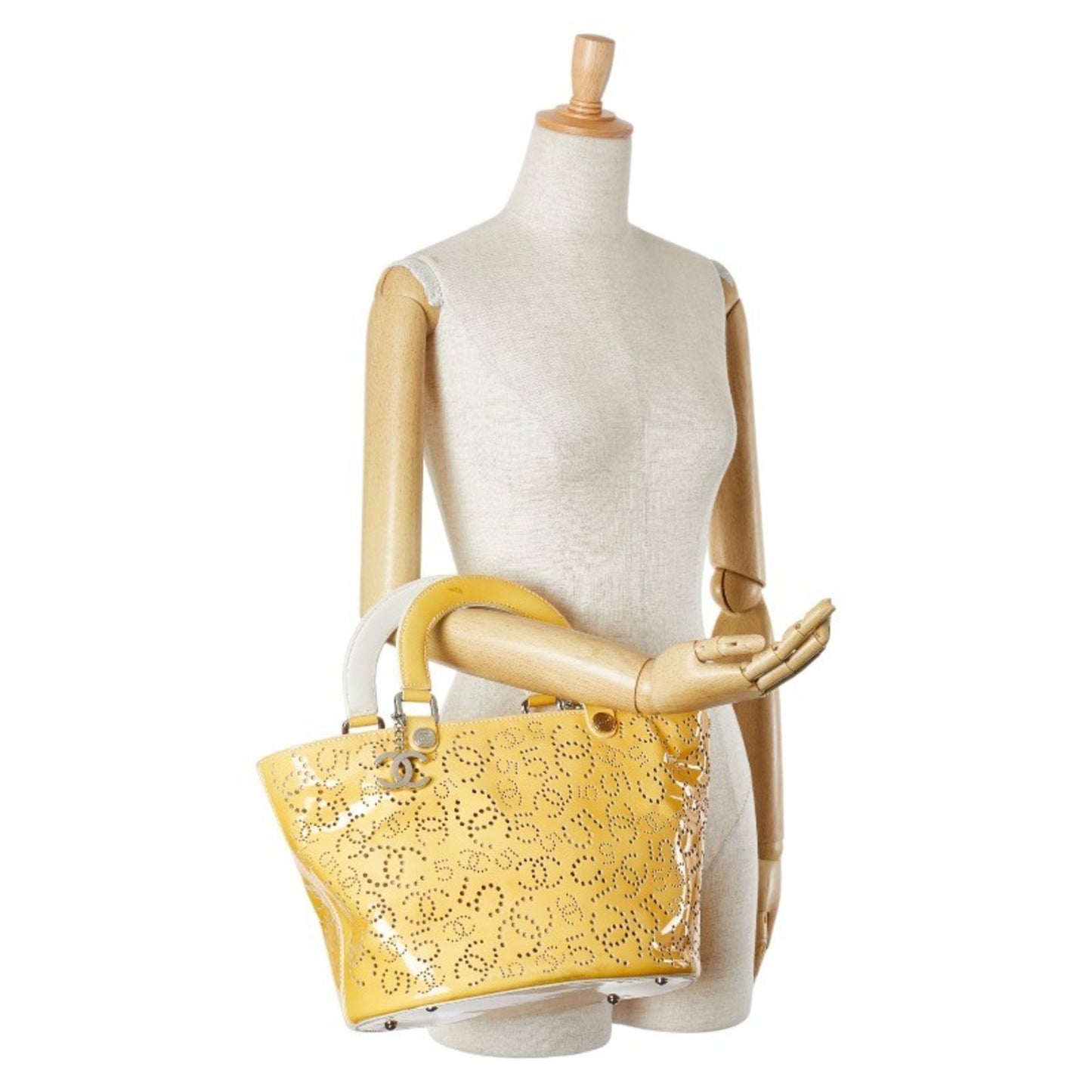 Chanel Perforated Coco Mark No. 5 Handbag Tote Bag Yellow Patent Leather
