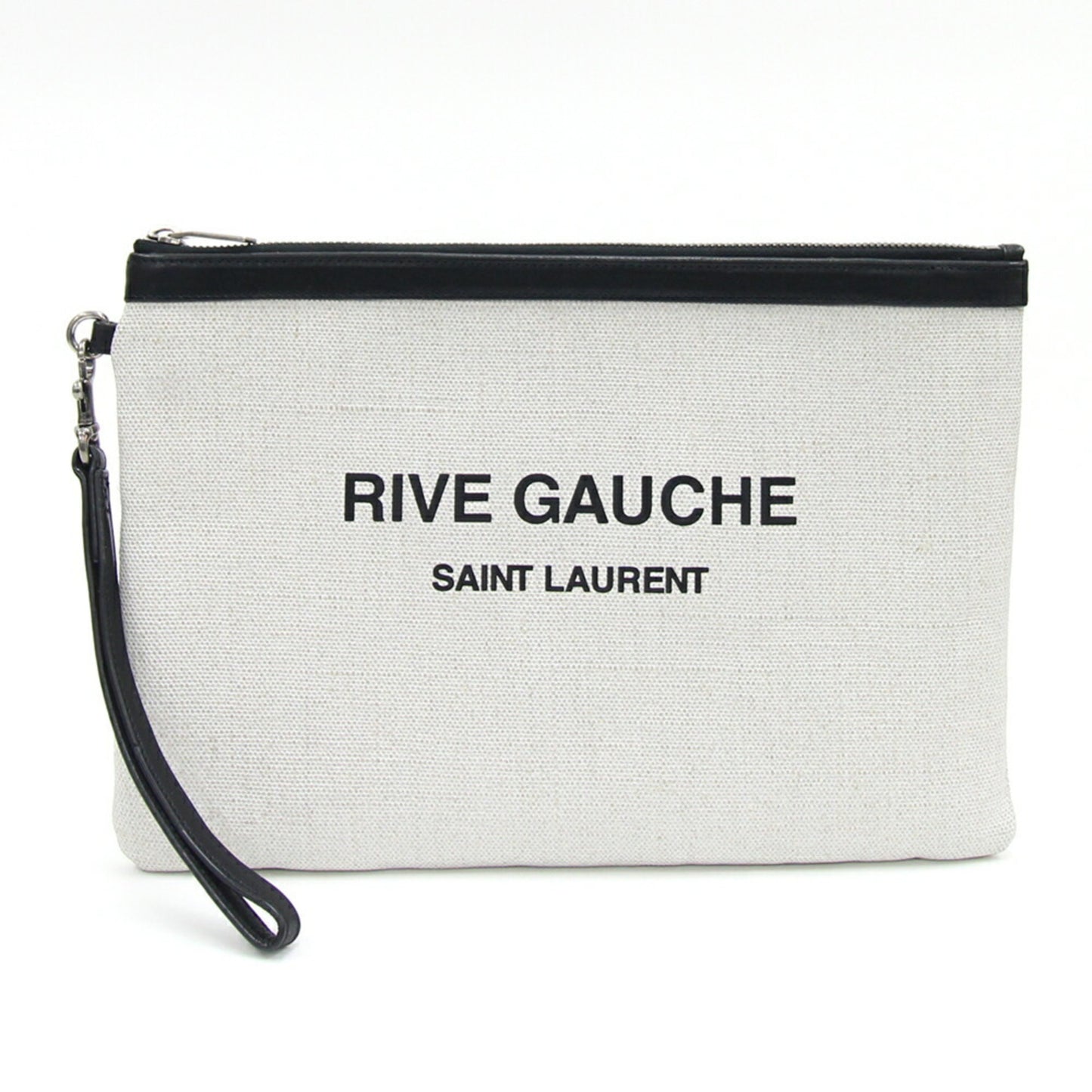 Saint Laurent Clutch Bag Rive Gauche 581369 Ivory Beige Black Pvc Leather Hand Strap Pouch