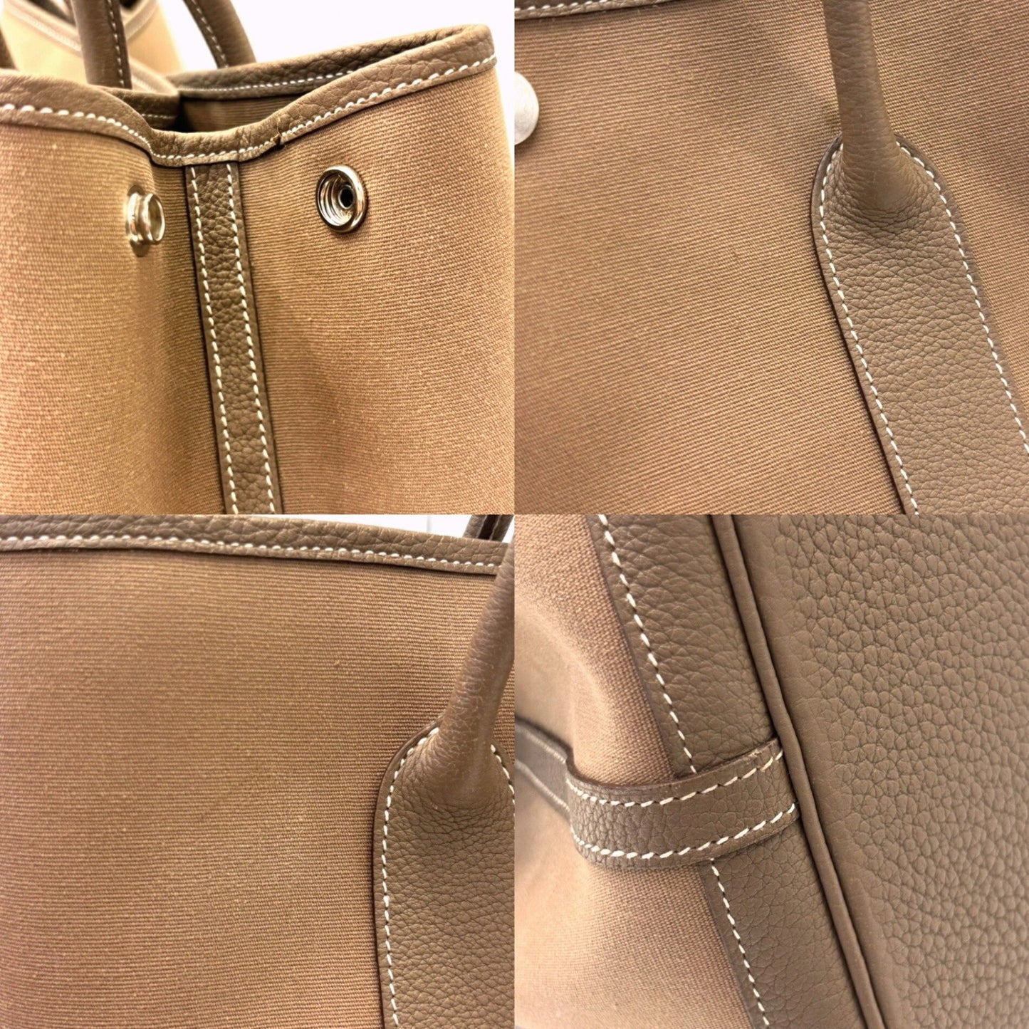 Hermes Garden Pm Toile Officier X Leather Etoupe Handbag Beige