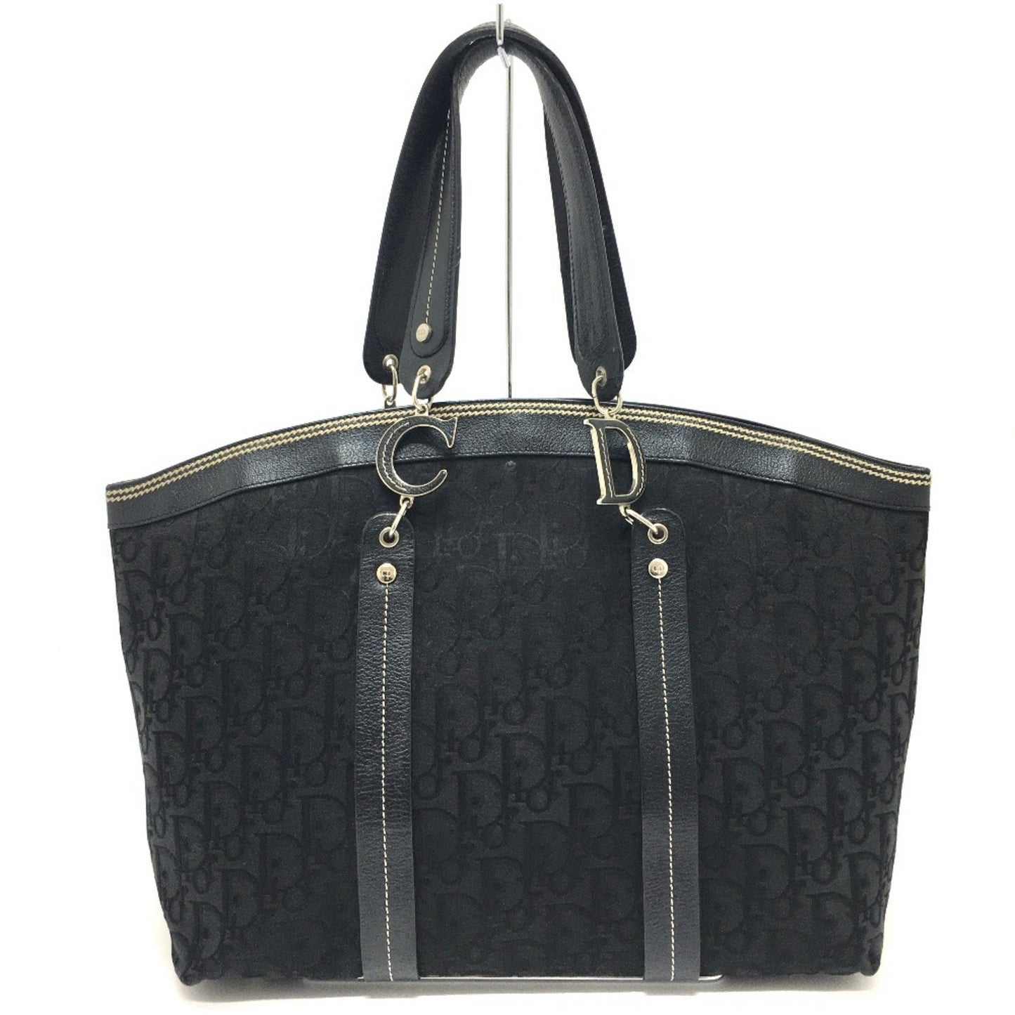 Christian Christian Dior Flower Embroidery Bag Shawl Tote Bag Black