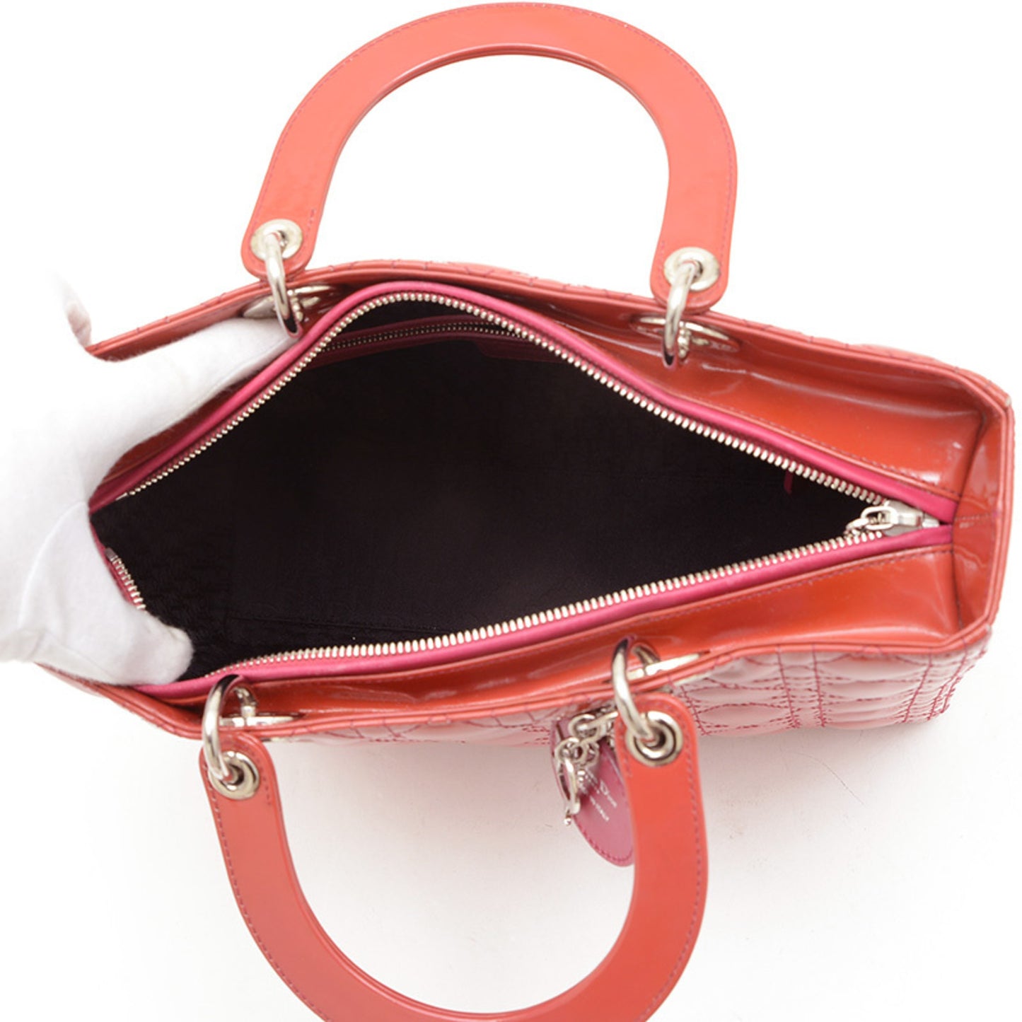 Christian Dior Dior Lady Cannage Large 2Way Bag Handbag Patent Red Bp