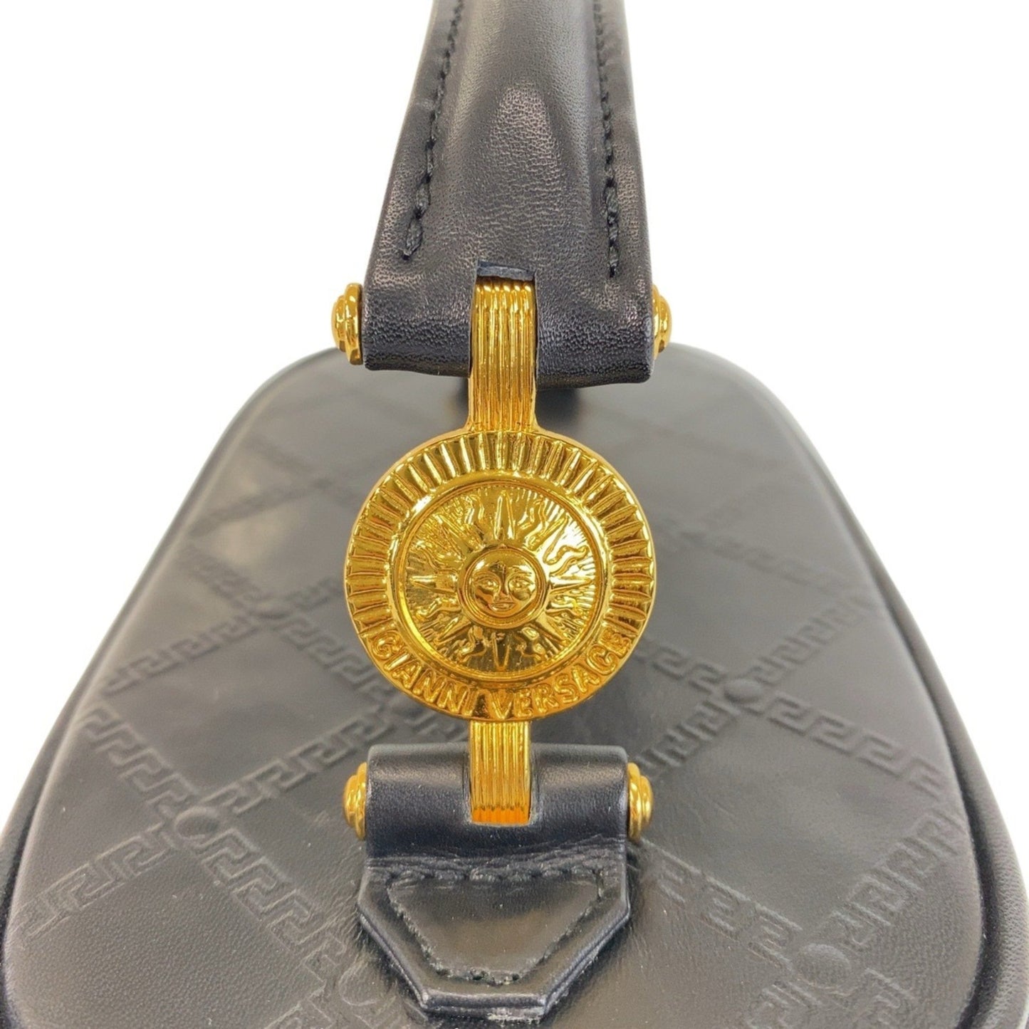 Versace Vintage Medusa Sunburst Black Gold Hardware Leather Shoulder Bag Vanity Handbag 2Way