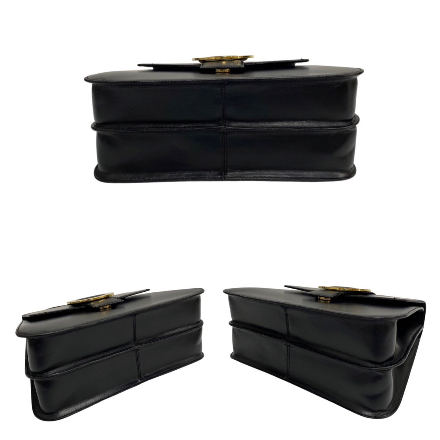 Celine Circle Logo Metal Fittings Calf Leather Genuine 2Way Shoulder Bag Handbag Black
