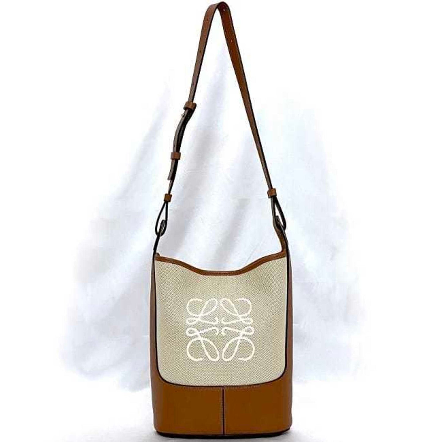Loewe Shoulder Bag F-21320 Brown Beige Anagram A710W86X01 Bucket Hobo Canvas Leather 062115