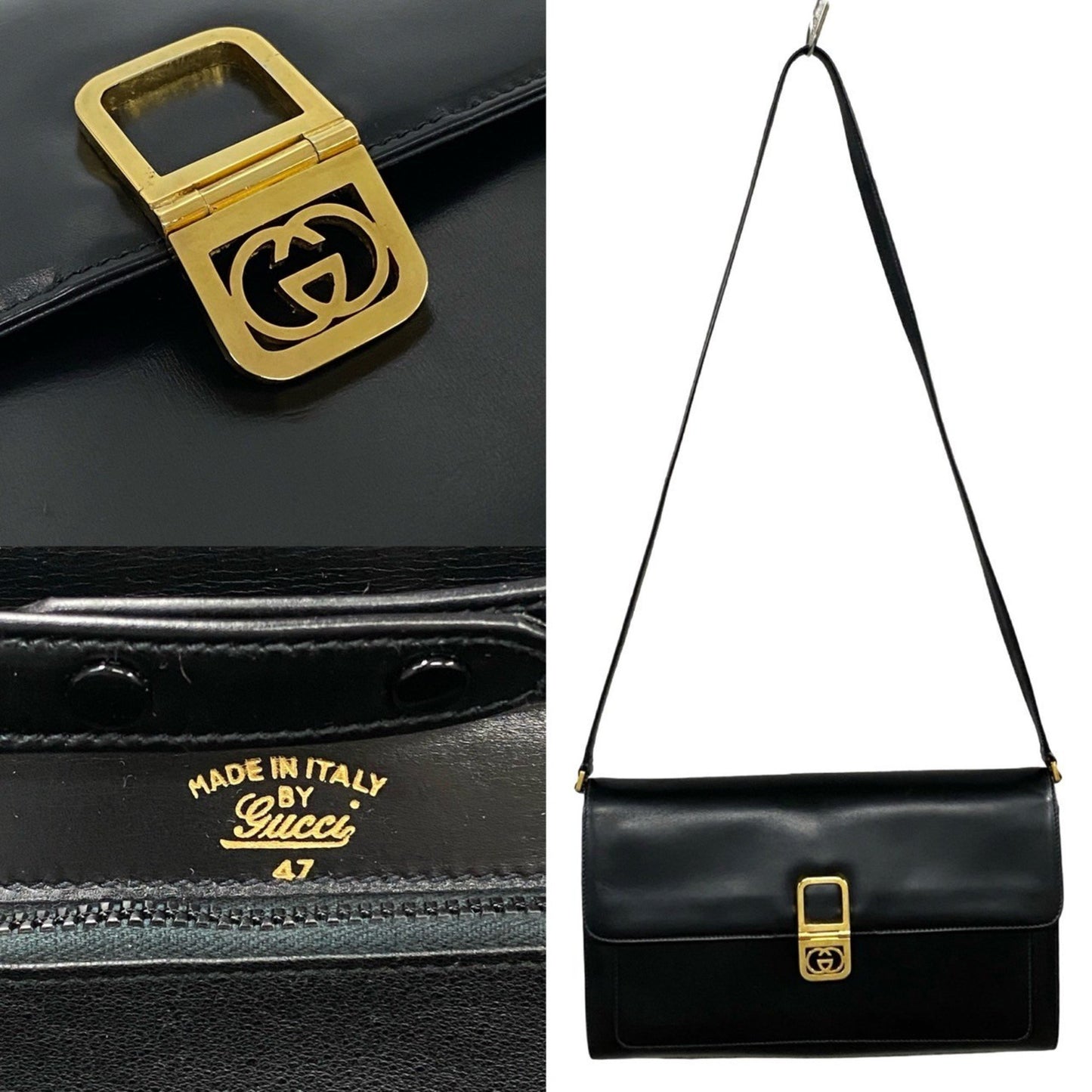 Gucci Vintage Gg Logo Hardware Leather Shoulder Bag/Clutch Bag Black 80100